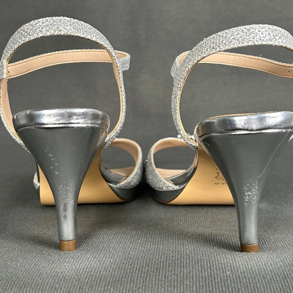 Nina Najia Silver Glitter Ankle Strap Heeled Sandals 7.5W Crystal Buckle Formal‎